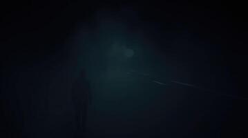 an enigmatic silhouette stands on a dark road in the darkness, shrouded in a dense fog or mist. A sense of mystery and anticipation permeates the atmosphere photo