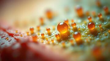 Macro photography of amber resin droplets on a plant surface photo