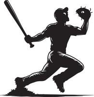 A monochrome drawing of a baseball player running with a bat and catching a ball vector