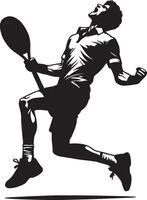 Silhouette of tennis player celebrating a victory with racket in hand on white background vector