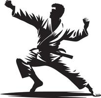 Silhouette of a man in a karate stance wearing a gi and belt against white background vector