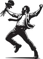 Man in suit jumping with joy holding roses in black and white illustration style vector