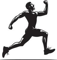 A black and white silhouette of a man running with his fist raised in the air vector