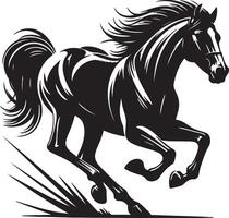 A black and white graphic illustration of a running horse with flowing mane and tail vector