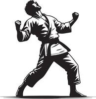 A monochrome illustration of a karateka celebrating with clenched fists and shouting vector