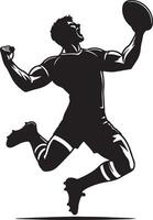 A black and white graphic of a rugby player celebrating a win while holding the ball vector