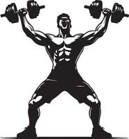 A monochrome illustration of a muscular man lifting dumbbells with a determined face vector
