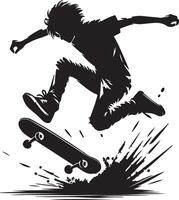 Silhouette of a skateboarder performing a jump trick on a skateboard in mid air vector