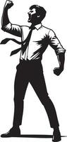 A man in a suit with a tie is cheering with his fist raised in the air in silhouette vector