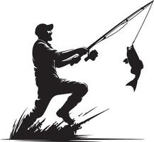 Silhouette of a man fishing with a rod and reel catching a fish on a white background vector