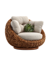 Cozy Natural Wicker Chair with Plush Cushion and Decorative Leaf png