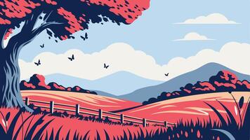 A stylized landscape with a tree, a fence, mountains, and butterflies in the sky vector