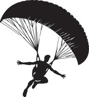 Silhouette of a man paragliding with a large black parachute against white background vector