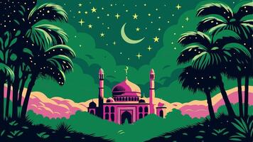 Illustration of a mosque at night with palm trees, moon, and stars in the sky vector