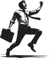 A stylized monochrome image of a businessman jumping with a briefcase and celebrating vector