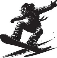 Monochrome illustration of a snowboarder in action with arm raised and pointing up vector