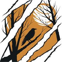 A black raven perched on a branch with a yellow moon in the background illustration vector