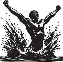 A monochrome illustration of a swimmer emerging from water with arms raised victoriously vector