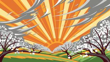 Stylized landscape with blossoming trees, sun rays, and wispy clouds in the sky vector