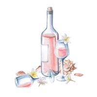 Incomplete bottle of rose wine, standing and lying glass, delicate frangepani flowers and shells. Isolated watercolor illustration for menu design of seafood restaurants, summer parties, wedding. png