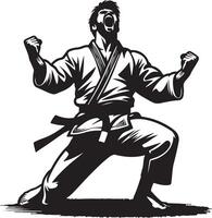 Black and white illustration of a karate fighter screaming in victory stance pose vector