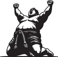 A sumo wrestler kneeling with arms raised in victory, wearing a mawashi in black and white vector