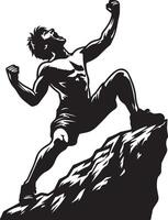 Man in silhouette celebrating on a rocky peak with arms raised and mouth open wide vector