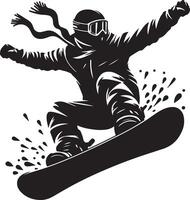 Silhouette of a snowboarder in action with scarf and goggles on a white background vector