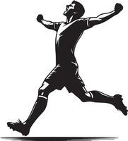A soccer player in black and white jumping with arms raised in celebration pose vector