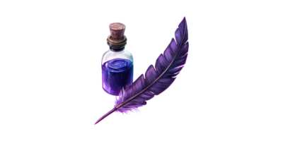 Purple Feather Quill And Ink Bottle. Symbol Of Writing, Creativity, And Artistic Expression Isolated On Transparent Background png
