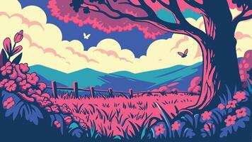 Illustration of a pink field with a tree, flowers, and a fence under a cloudy sky vector