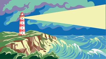 Illustration of a lighthouse on a cliff with waves and a cloudy sky background vector
