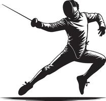 A black and white graphic of a fencer in action with a foil and protective gear on vector