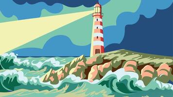 Illustration of a lighthouse on a rocky outcrop with waves and a cloudy sky above vector
