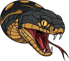 Black and orange snake head with open mouth and forked tongue illustration in close-up view vector