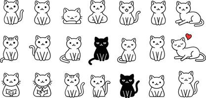 Cute cartoon cats in various poses including black and white colors with one cat showing a red heart symbol vector
