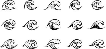Black Outline Wave Icons Set for Surfing and Ocean Themes in Various Curved Shapes and Styles vector