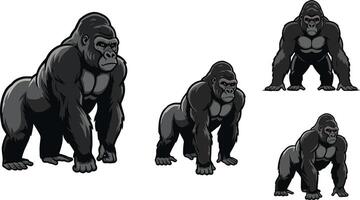 Gorilla illustration set with strong and powerful ape poses in black and white design for wildlife and animal themes vector