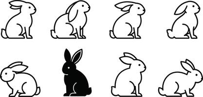 Simple black and white rabbit icons in various poses for animal themed illustrations and design projects vector