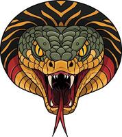 Aggressive green and orange snake head with open mouth showing fangs and forked tongue in detailed illustration vector