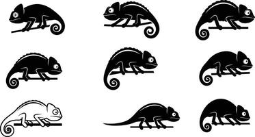 Chameleon silhouette icons set with various poses and styles in black and white illustration vector