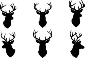 Deer heads silhouette set with antlers in black simple style for hunting and wildlife design elements vector