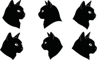Black cat head silhouette set with various side and front profiles for design and decoration purposes vector