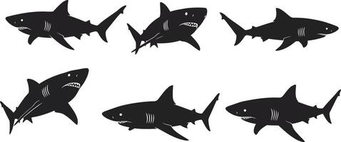 Shark Silhouettes Illustration with Multiple Angles and Simple Black Design for Marine Life Themes vector