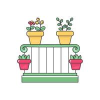 Doodle icon balcony with flowers. Simple line clip art in color. Stock image isolated on white background. vector