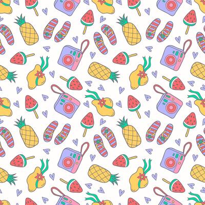 Seamless summer pattern featuring hand-drawn doodles of flip-flops, pineapples, cameras, sun hats, and ice cream in vibrant tropical colors. Perfect for beachwear, packaging, digital wallpapers