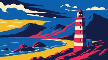 Illustration of a lighthouse on a coast with mountains and clouds in the background vector