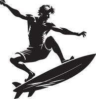 Silhouette of a surfer riding a surfboard with an arm raised against white background vector