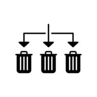 Waste Sorting solid style. Waste segregation, sorting garbage by material, bin, trash with arrow separate concept. Black silhouette, glyph symbol. Illustration isolated. vector