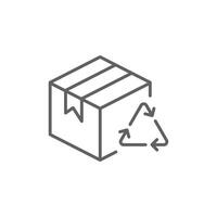 Recycled product packaging outline style icon. Recycle triangle, cardboard box, seal, cycle, packaging, environmental concept. Thin line symbol. Illustration isolated. Editable stroke. vector